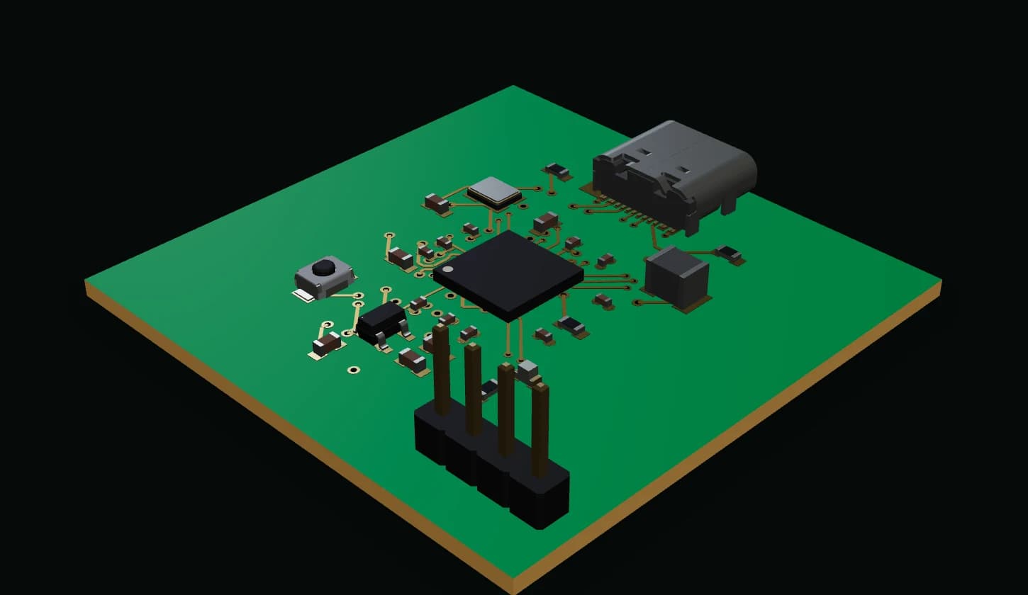 The same board in 3D with the BGA microcontroller at the centre and its parts wired around it