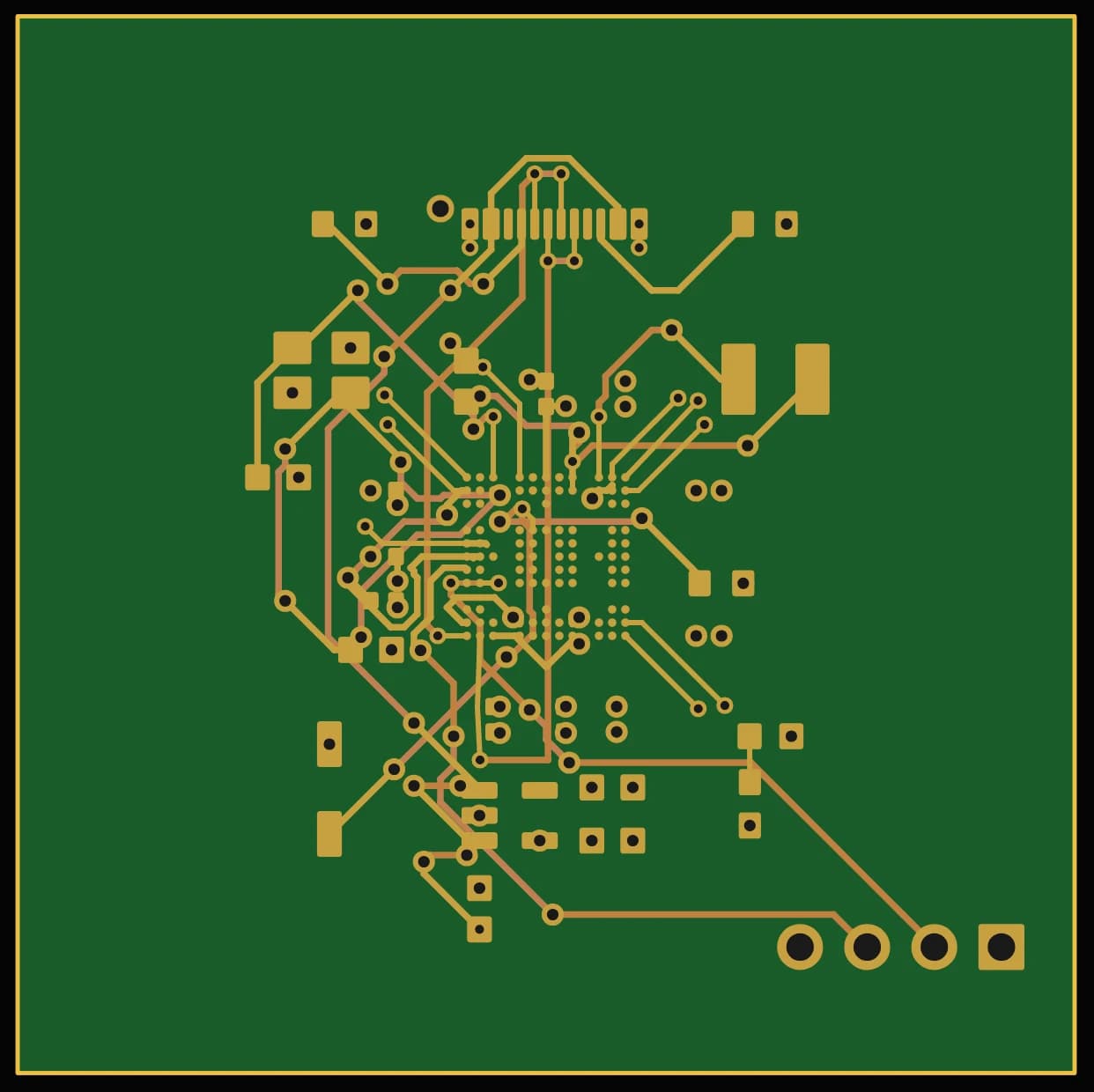The same 40 by 40 mm PCB with the BGA microcontroller placed at the centre and fully routed