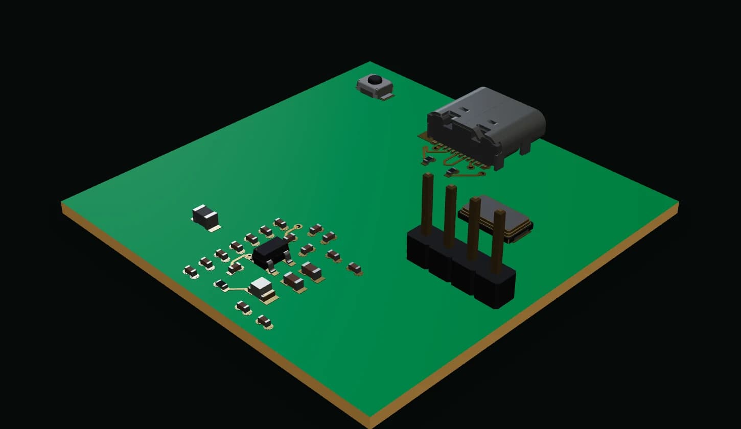 The same board without the microcontroller in 3D: passives, a regulator, a crystal, a header and a USB-C connector with an empty centre