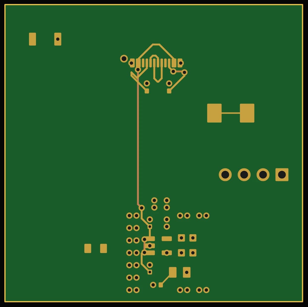 A 40 by 40 mm PCB with no microcontroller: the surrounding parts are placed but have nothing to connect to