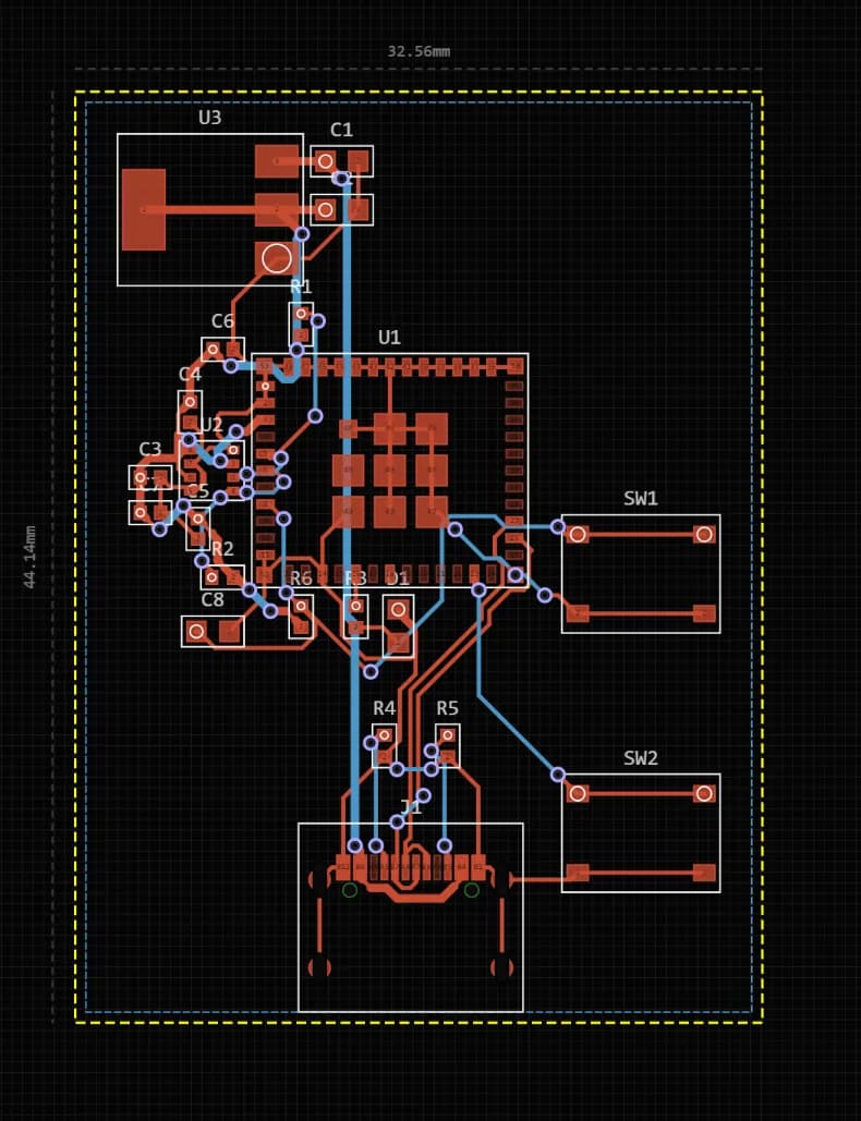 First layout of the ESP32-C3 board with the module in the middle of the board