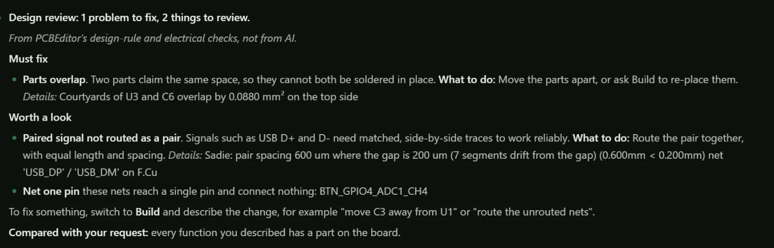 PCBEditor Review my design result: 1 problem to fix, 2 things to review, with what to do for each