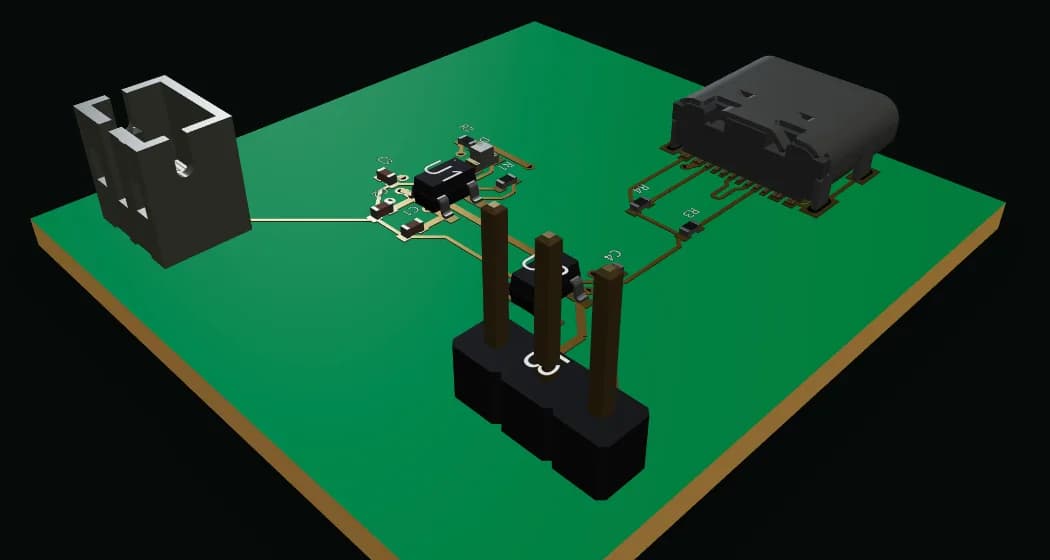 3D view of the assembled LiPo charger board with USB-C receptacle, JST-PH connector and pin header