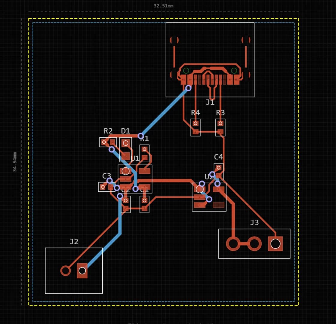 Routed two-layer USB-C LiPo charger board in the PCBEditor layout editor