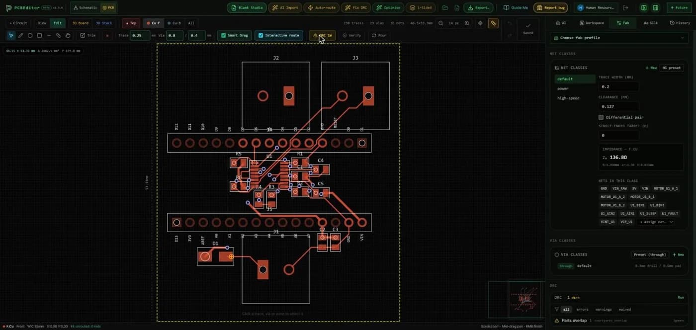 PCBEditor design-rule check result on the motor driver board: 0 errors, 1 warning
