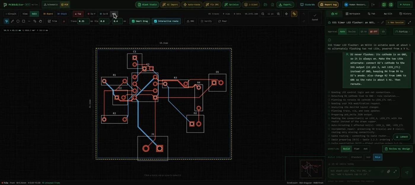 PCBEditor with the 555 flasher board and a chat request asking to fix the second LED's wiring
