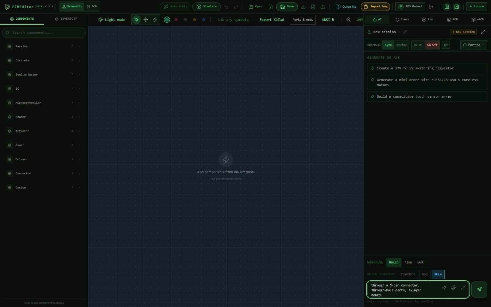 PCBEditor's schematic editor in a browser: the Components panel on the left with part groups (passive, discrete, semiconductor, IC, microcontroller, sensor, power, connector), an empty schematic sheet in the middle, and the AI tab on the right with a 555 flasher description typed into the chat box