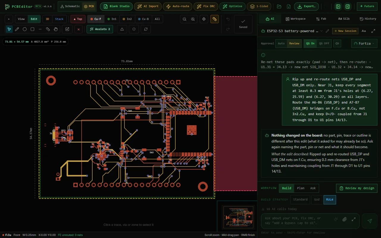 The ESP32-S3 board with a BQ24074 charger from the Claude Code session, open in the PCBEditor layout editor with Claude’s last edit request in the chat panel