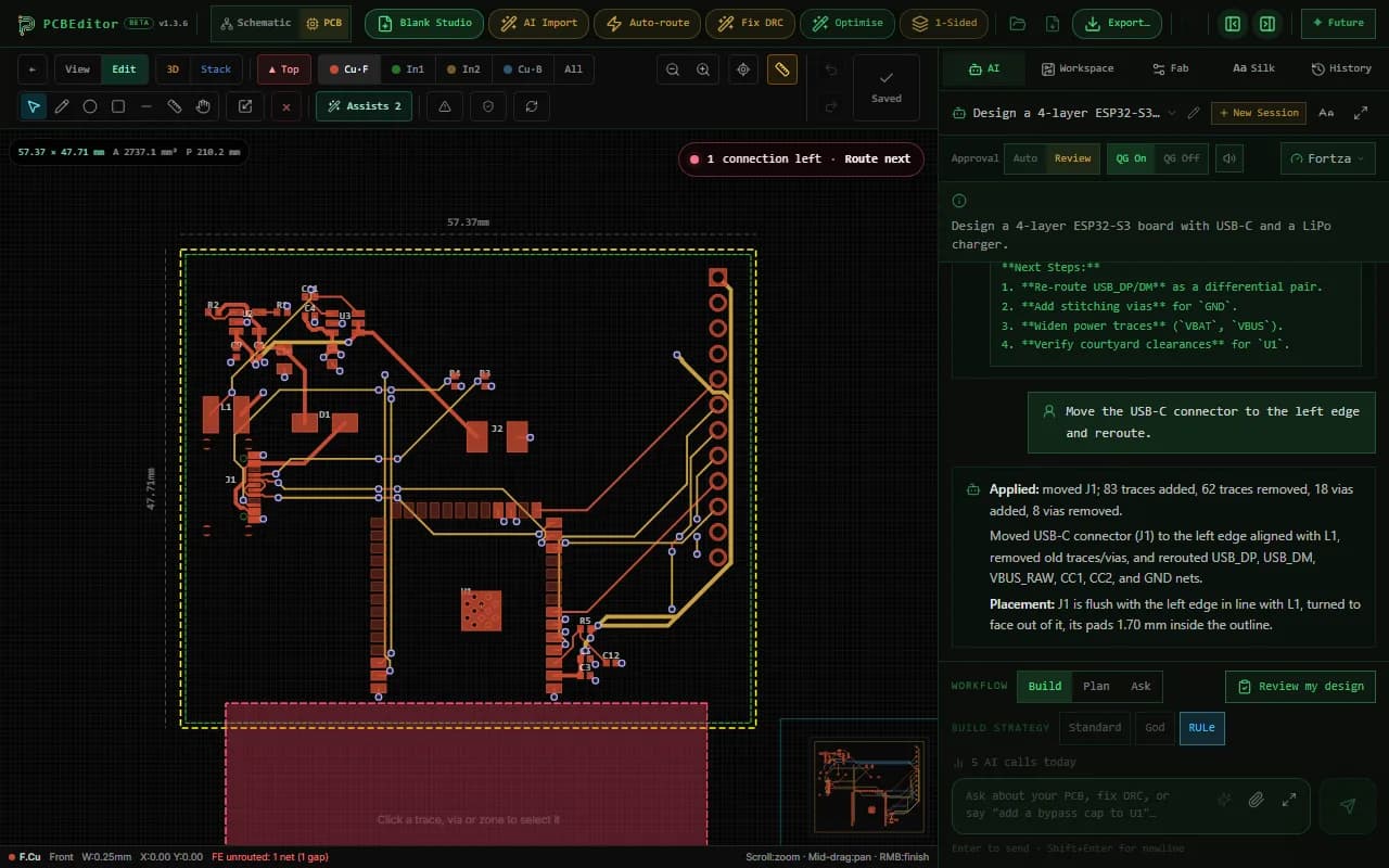 The 4-layer ESP32-S3 board from the MCP session open in the PCBEditor layout editor, with the USB-C connector on the left edge