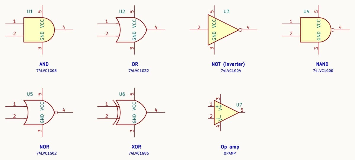 Six logic gate symbols and an op amp drawn by KiCad: AND, OR, NOT, NAND, NOR and XOR gates as 74LVC1G single-gate chips with VCC on pin 5 and GND on pin 3, and an op amp with plus and minus inputs and V+ and V- supply pins