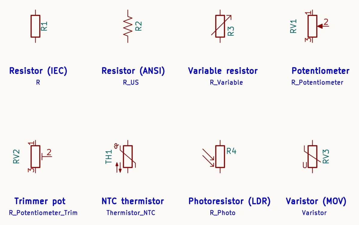 Eight resistor schematic symbols drawn by KiCad: IEC box resistor R1, ANSI zigzag resistor R2, variable resistor R3 with a diagonal arrow, potentiometer RV1 with a wiper arrow on pin 2, trimmer RV2, NTC thermistor TH1, photoresistor R4 with incoming arrows, and varistor RV3