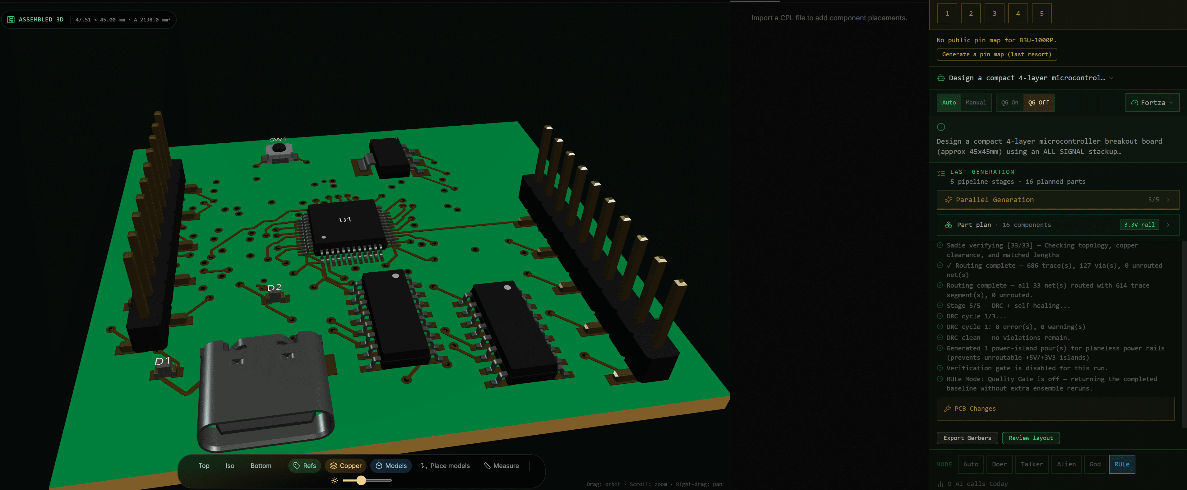 PCBEditor assembled 3D view of a generated 47.51 by 45.00 mm four-layer board beside the chat log showing all 33 nets routed and a clean DRC pass
