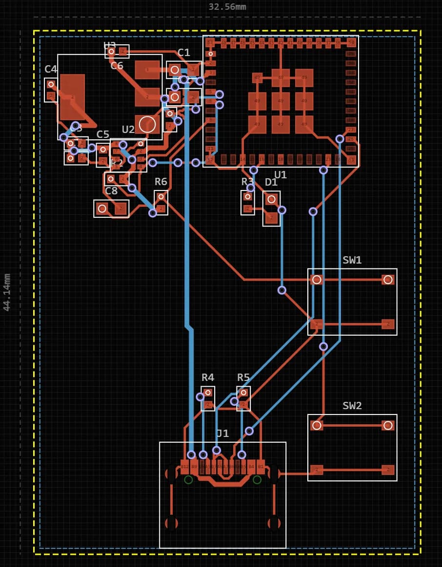 Routed two-layer ESP32-C3 sensor board in the PCBEditor layout editor, module at the top edge, USB-C at the bottom