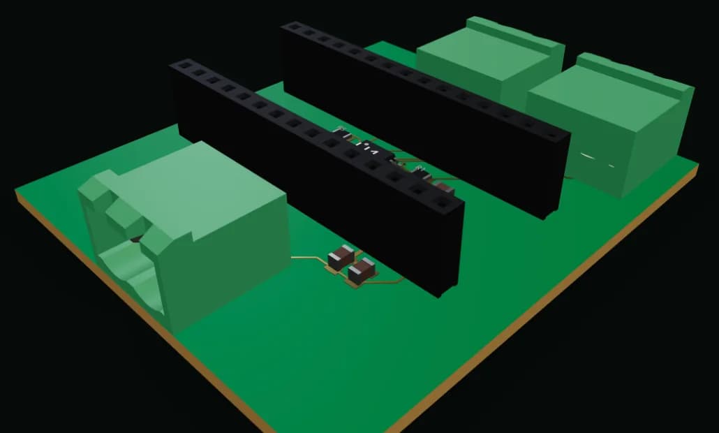3D view of the Arduino Nano motor driver board with socket rows and green screw terminals