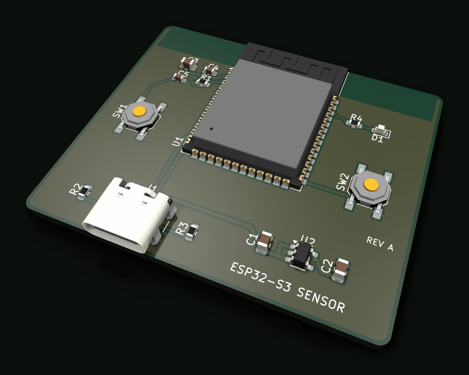 3D render of a two-layer ESP32-S3 board designed in KiCad: the module with its antenna at the top edge, a USB-C connector and regulator at the bottom, and two push buttons