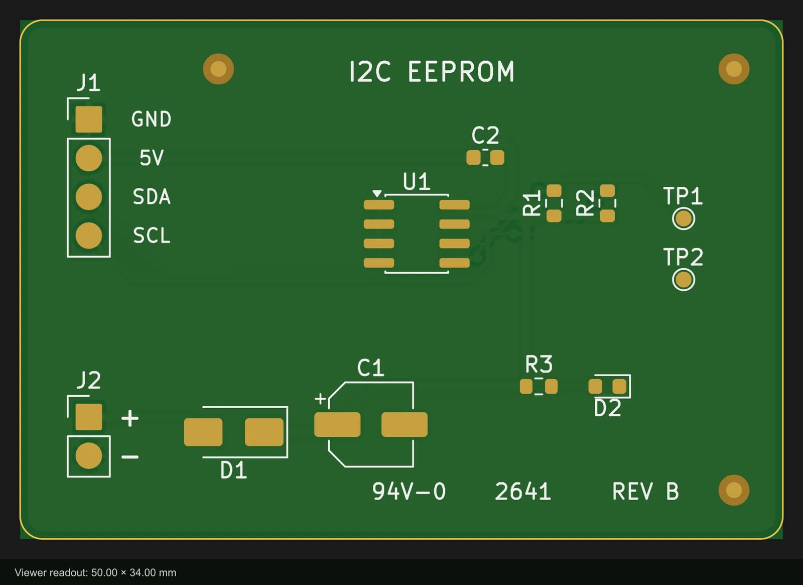 The board in the Gerber viewer with solid gold pads on J1 and J2 and no holes in them