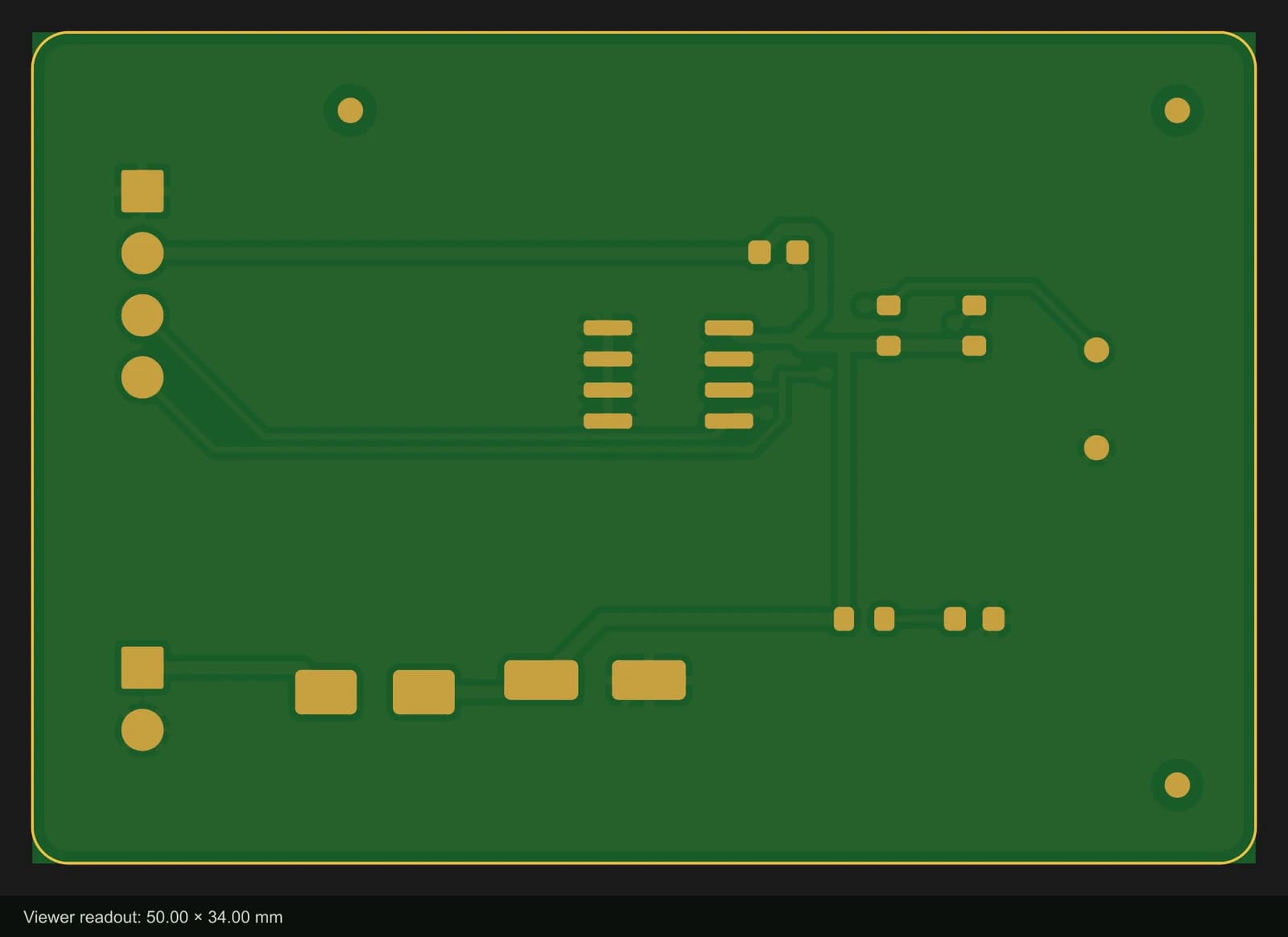 Front copper and front solder mask only: copper traces in darker green, gold openings the shape of each pad, square, round, rectangular and rounded, and four small dark rings where vias stay covered