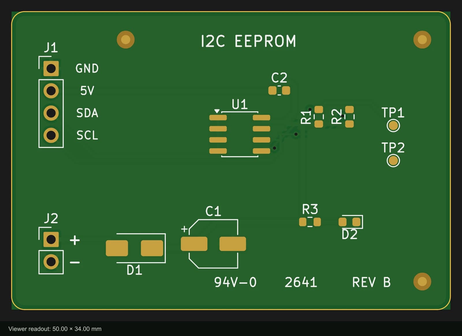 PCBEditor's Gerber viewer showing a 50 by 34 mm two-layer board: green solder mask, gold through-hole pads on J1 and J2, white silkscreen with reference designators, the label I2C EEPROM and a yellow rounded board outline
