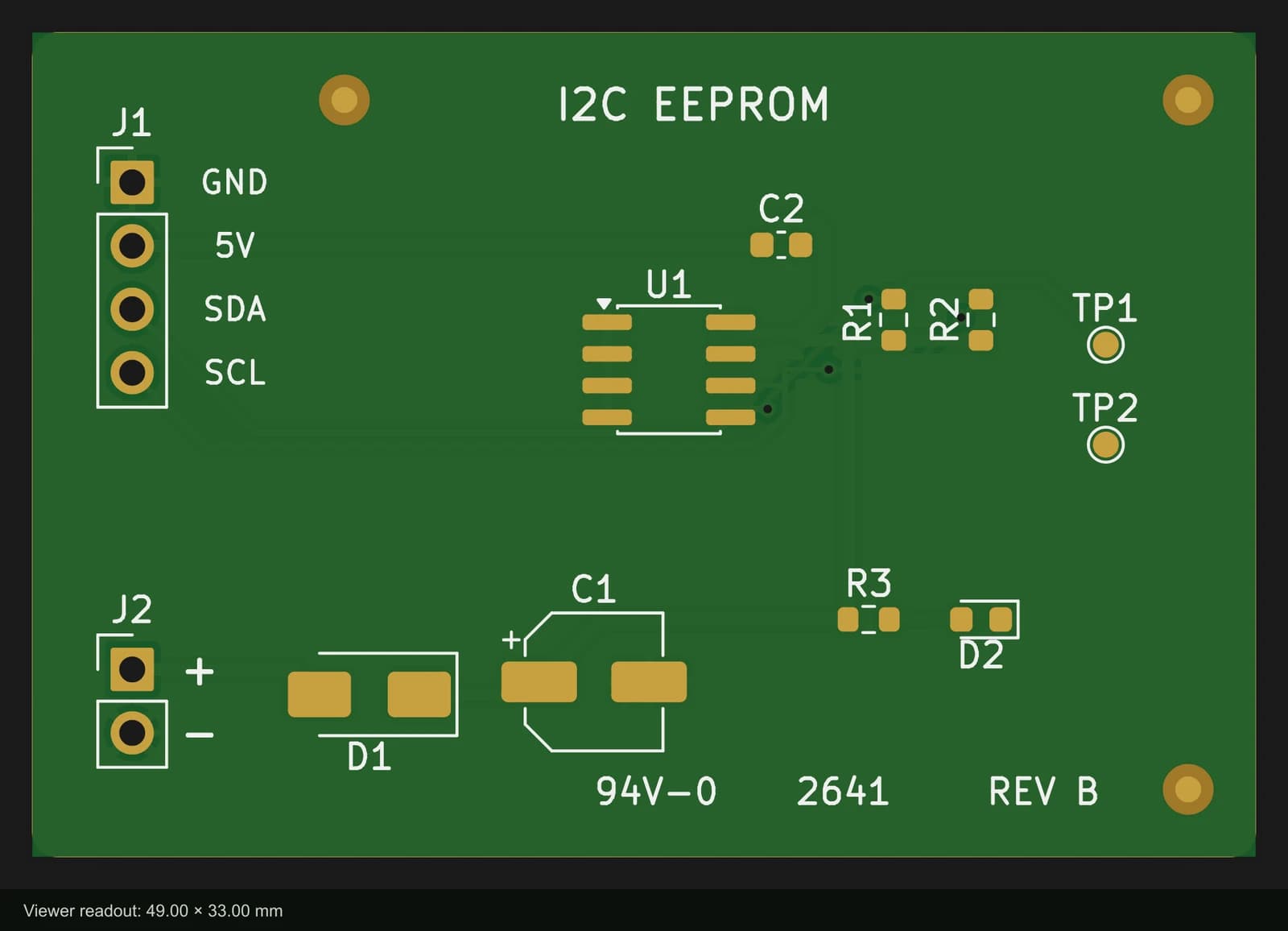 The same board in the Gerber viewer with no yellow outline: the board edge is gone and the size readout shows 49.00 by 33.00 mm