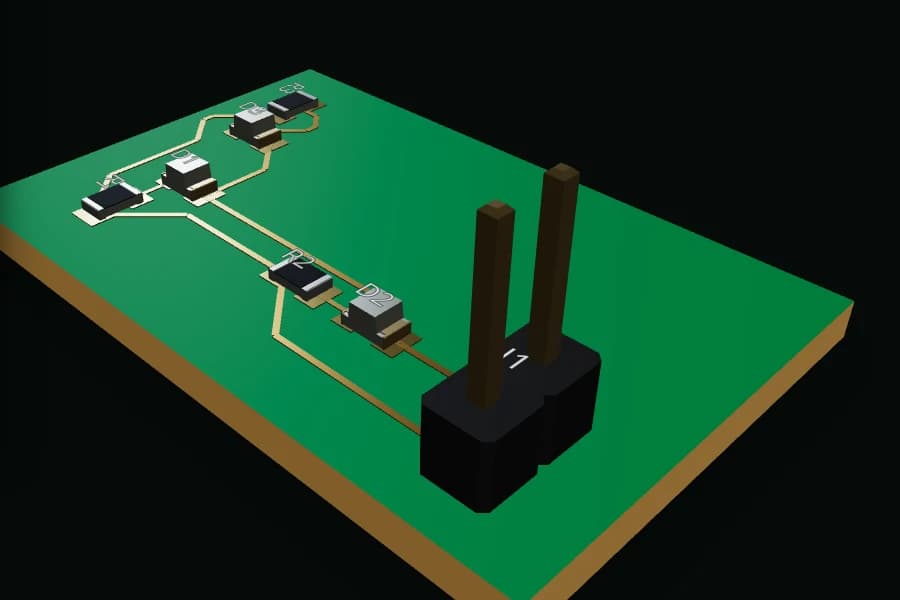 3D view of a small board generated and routed by PCBEditor from a written description